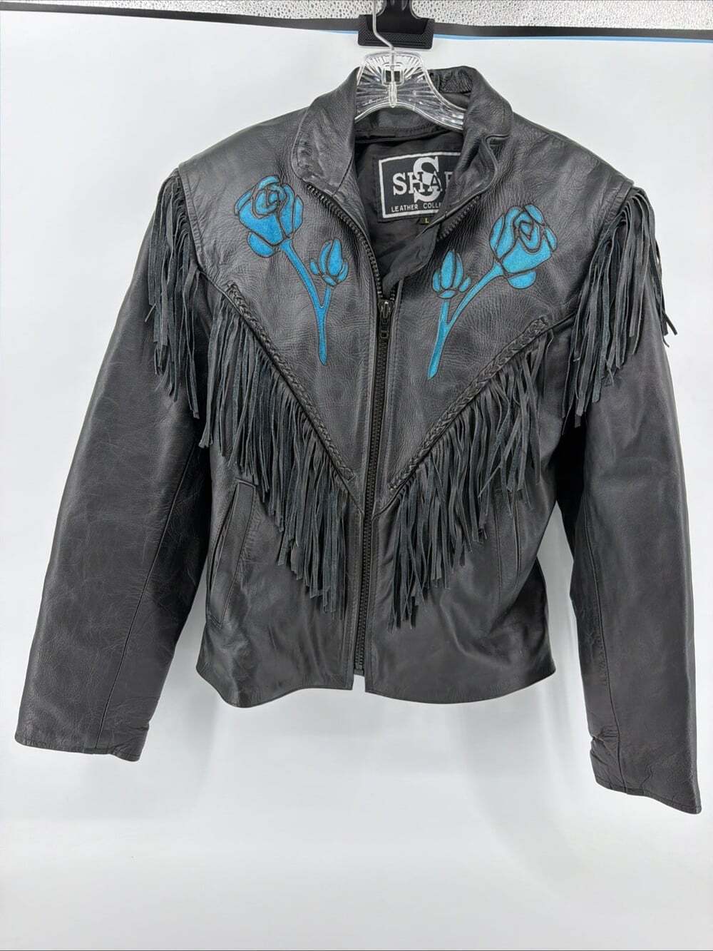 Vintage Shaf Moto Women Fringe Teal Rose Zip Lining Leather Jacket Size L